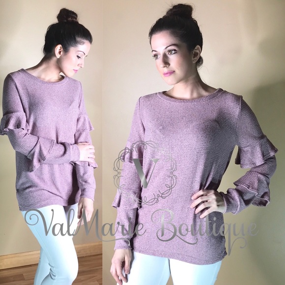 Ribbed Knit Ruffle Sleeve Top - Picture 3 of 5